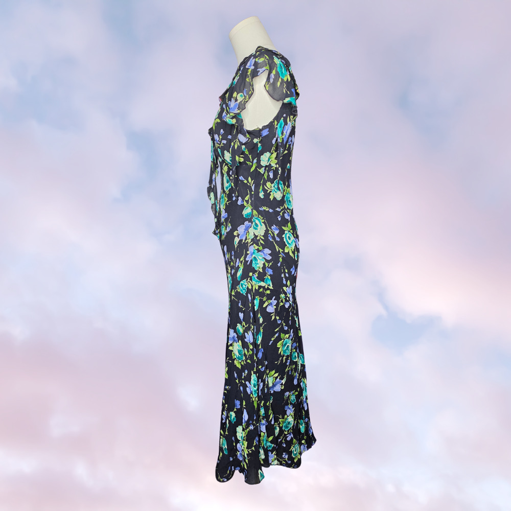Vtg 90s Floral Ruffle Black Blue Green Formal Cocktail Rayon Asymmetric Dress S - Picture 4 of 9